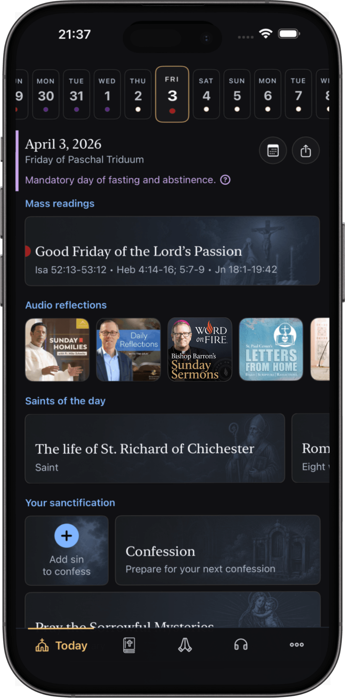 Ambo home screen with the liturgical day, Mass readings, audio reflections, saints, and confession