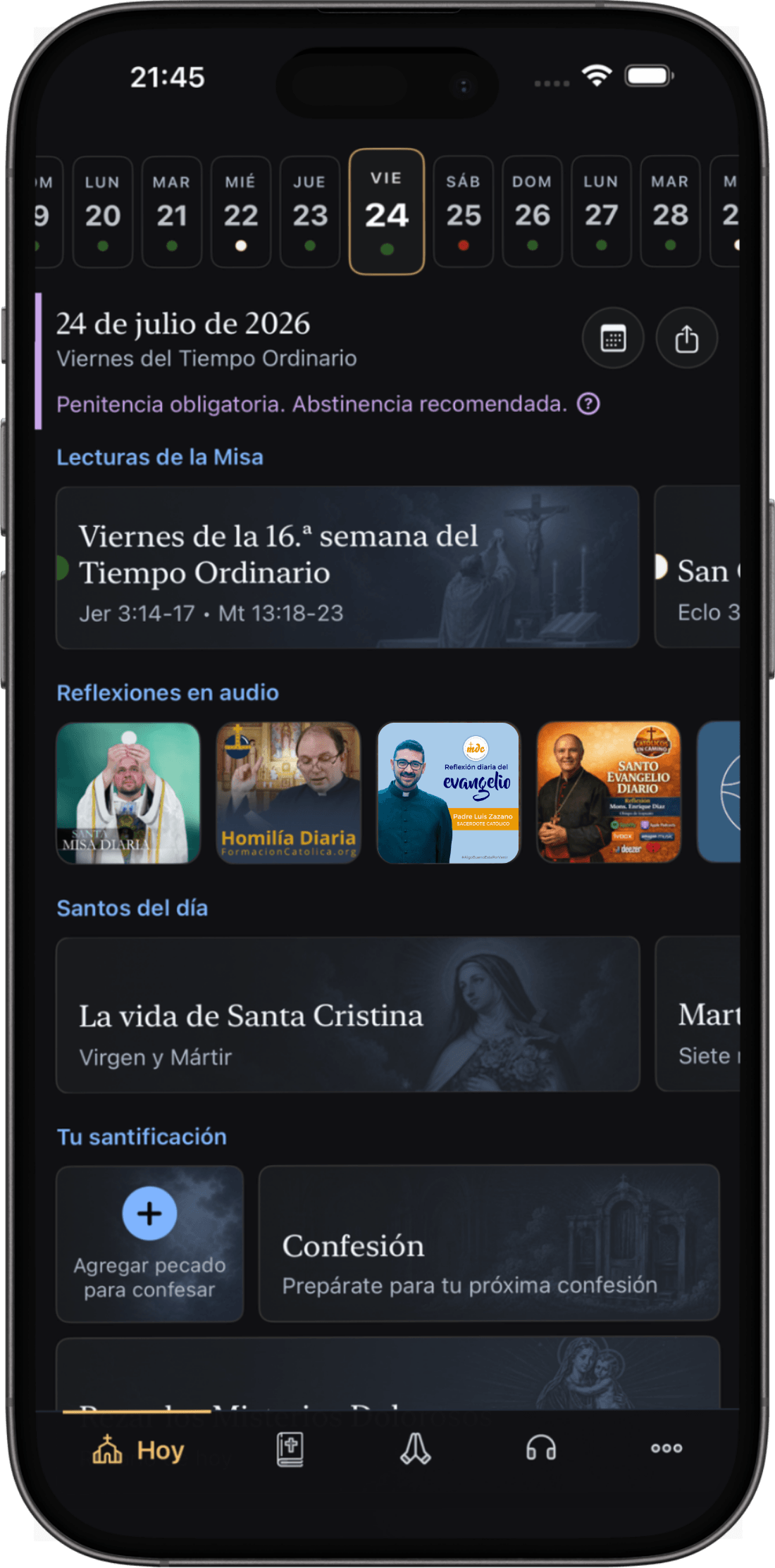 Pantalla de inicio de Ambo con el día litúrgico, lecturas de la Misa, reflexiones en audio, santos y confesión